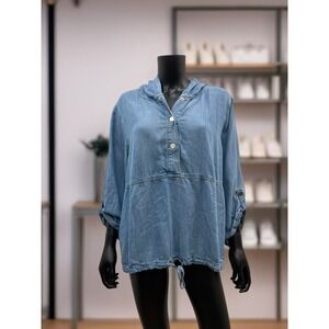 Chico's Zenergy Tencel Chambray Hoodie Tunic Top Blue Size 3 XL 16/18‎